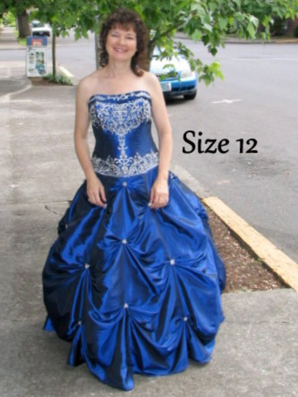 BALLGOWN, 12, BLUE & SILVER BLING, RUCHED SKIRT w CRINOLINE, GLEAMING, STRAPLESS